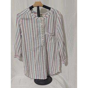 Caffe Marrakesh Womens XL Striped Metallic Henley Tunic Blouse White Pink Blue